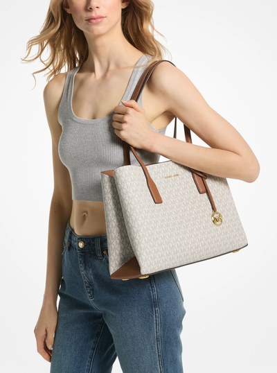 Ruthie Medium Signature Logo Tote Bag in VANILLA/ACORN | Michael Kors