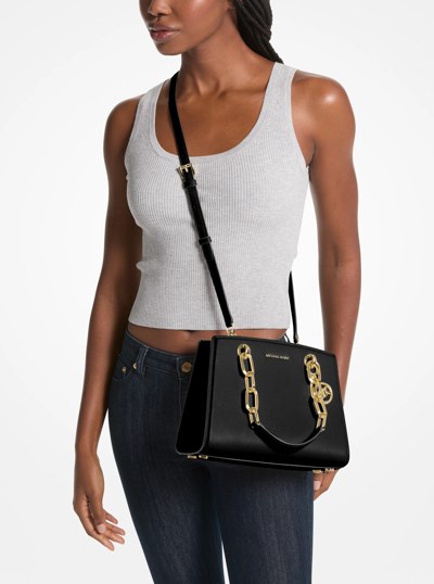 Cynthia Small Leather Satchel in BLACK | Michael Kors