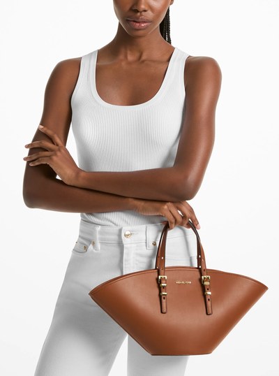 Isa Small Leather Fan Tote Bag in LUGGAGE | Michael Kors