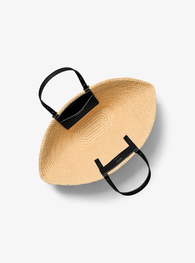 Isa Small Hand-Crocheted Straw Tote Bag in NATURAL/BLACK | Michael Kors