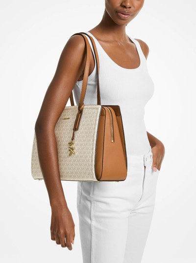 Laila Medium Signature Logo Tote Bag in VANILLA/ACORN | Michael Kors