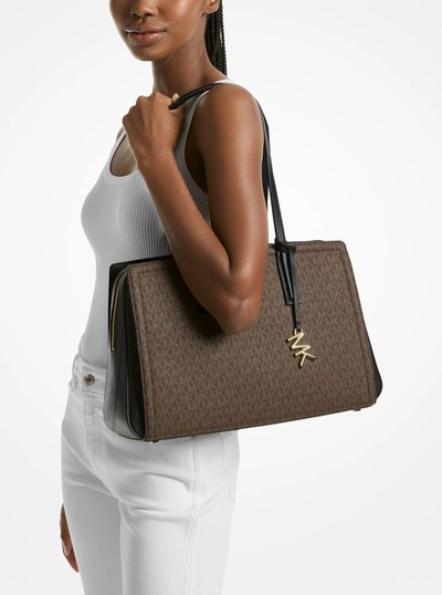 Laila Medium Signature Logo Tote Bag in BROWN/BLK | Michael Kors