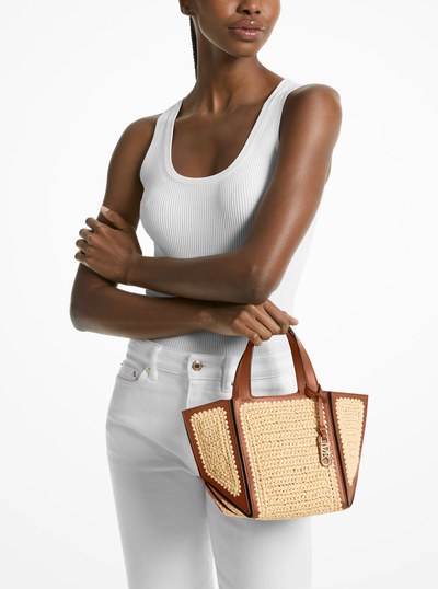 Jordi Small Hand-Crocheted Straw and Leather Tote Bag in NATURAL/LUGGAGE | Michael Kors