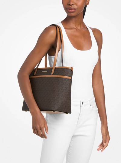 Marlowe Medium Signature Logo Pocket Tote Bag in BRN/ACORN | Michael Kors
