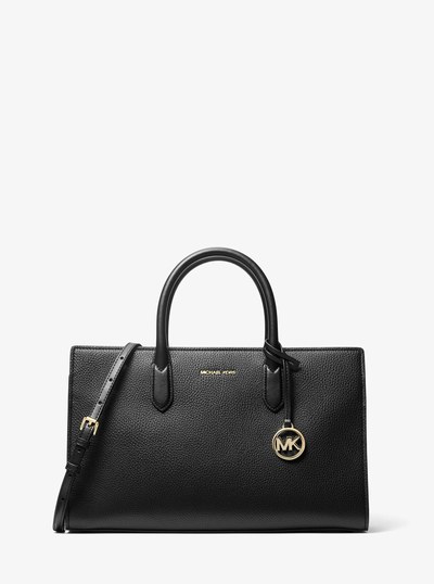 Scarlett Medium Pebbled Leather Satchel in BLACK | Michael Kors
