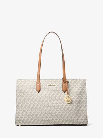Scarlett Medium Signature Logo Tote Bag in VANILLA/ACORN | Michael Kors