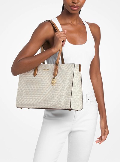 Scarlett Medium Signature Logo Tote Bag in VANILLA/ACORN | Michael Kors