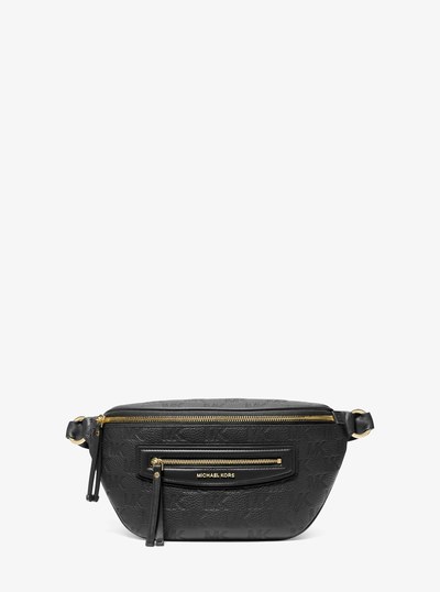 Jet Set Travel Medium Logo Embossed Leather Sling Pack in BLACK | Michael Kors
