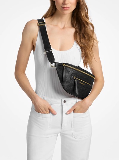 Jet Set Travel Medium Logo Embossed Leather Sling Pack in BLACK | Michael Kors