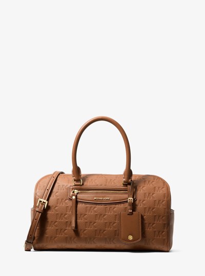 Jet Set Travel Medium Logo Embossed Leather Duffel Crossbody Bag in LUGGAGE | Michael Kors