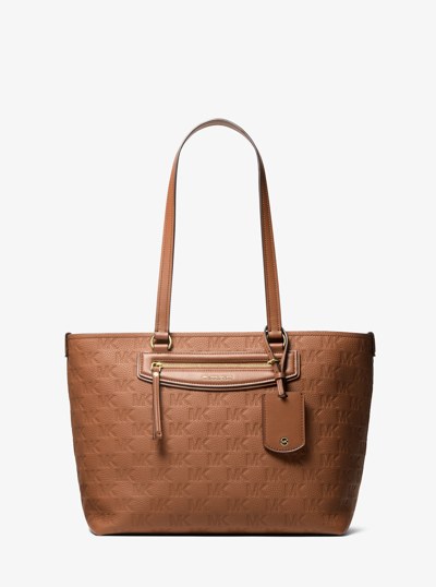 Jet Set Travel Medium Logo Embossed Leather Tote Bag in LUGGAGE | Michael Kors