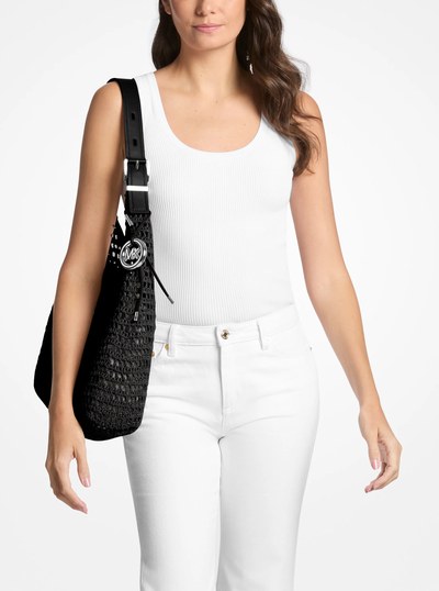 Nolita Large Crocheted Hobo Shoulder Bag in BLACK/BLACK | Michael Kors