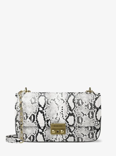 Tribeca Large Snake Embossed Leather Shoulder Bag in NATURAL | Michael Kors