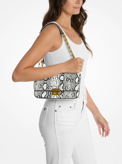 Tribeca Large Snake Embossed Leather Shoulder Bag in NATURAL | Michael Kors