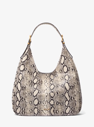 Nolita Large Snake Embossed Leather Hobo Shoulder Bag in NATURAL | Michael Kors