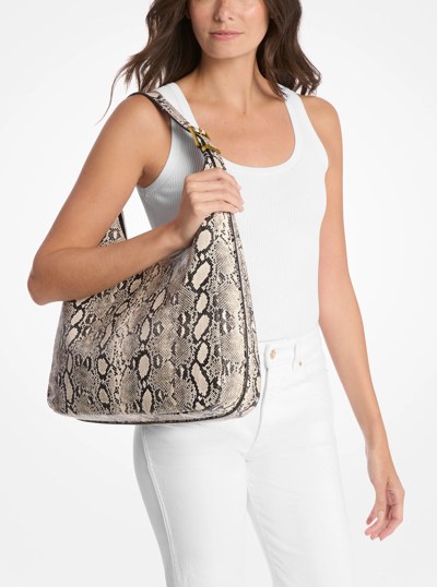 Nolita Large Snake Embossed Leather Hobo Shoulder Bag in NATURAL | Michael Kors