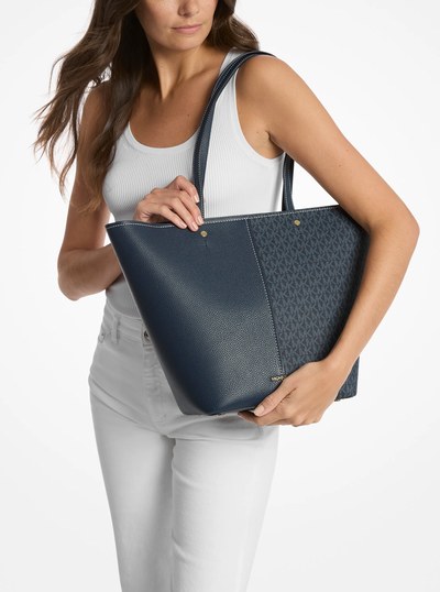 Flora Large Signature Logo and Leather Tote Bag in ADMRL/PLBLUE | Michael Kors