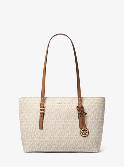 Quinn Medium Signature Logo and Leather Tote Bag in VANILLA/ACORN | Michael Kors