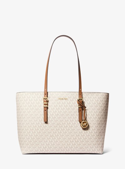 Quinn Large Signature Logo and Leather Tote Bag in VANILLA/ACORN | Michael Kors