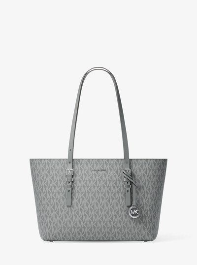 Quinn Medium Signature Logo and Leather Tote Bag in STORM | Michael Kors