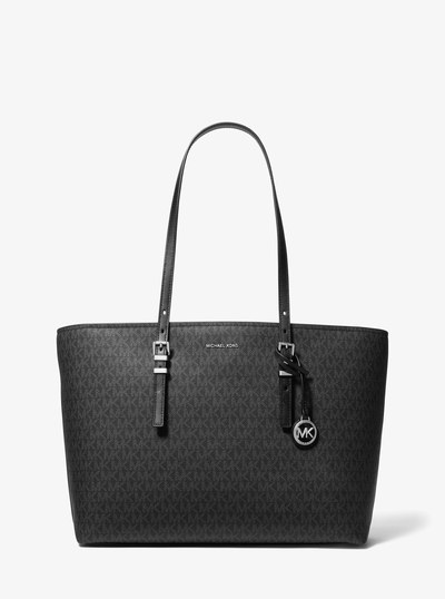 Quinn Large Signature Logo and Leather Tote Bag in BLACK | Michael Kors