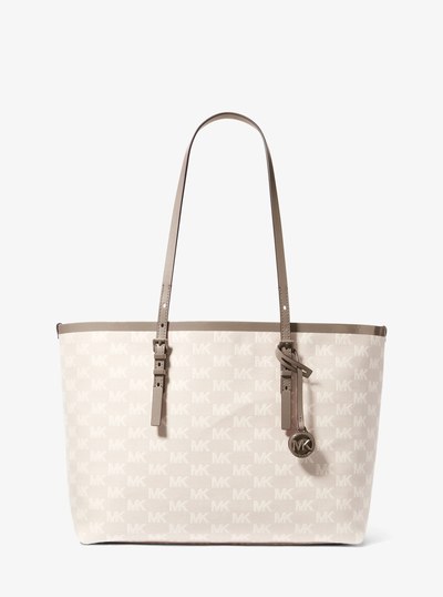 Quinn Large Logo Jacquard Tote Bag with Pouch in BIRCH | Michael Kors