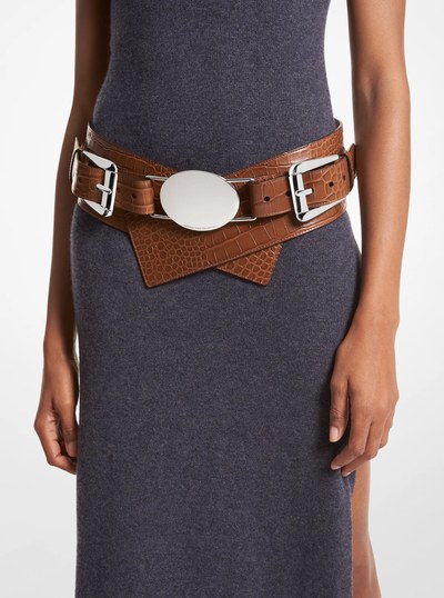 Gloria Crocodile Embossed Leather Belt in CHESTNUT | Michael Kors