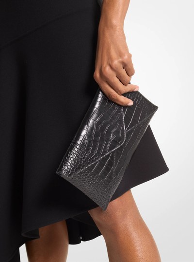 Mia Crocodile Embossed Leather Envelope Clutch in BLACK | Michael Kors