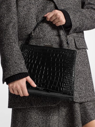 Simone Crocodile Embossed Leather Satchel in BLACK | Michael Kors