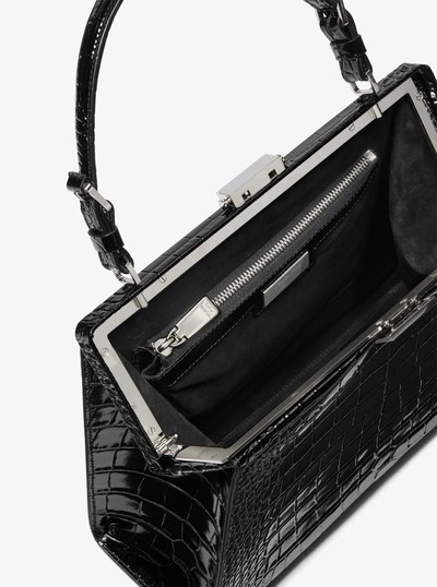 Simone Crocodile Embossed Leather Satchel in BLACK | Michael Kors