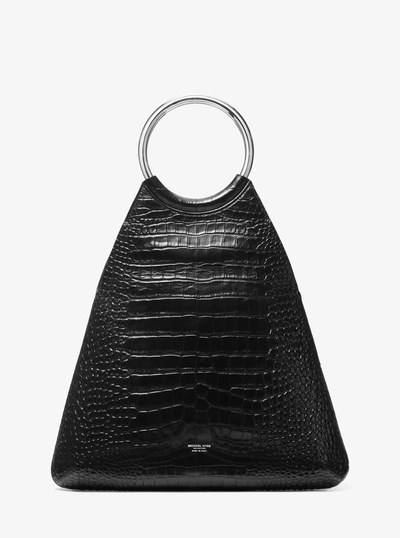 Ursula Large Crocodile Embossed Leather Ring Tote Bag in BLACK | Michael Kors