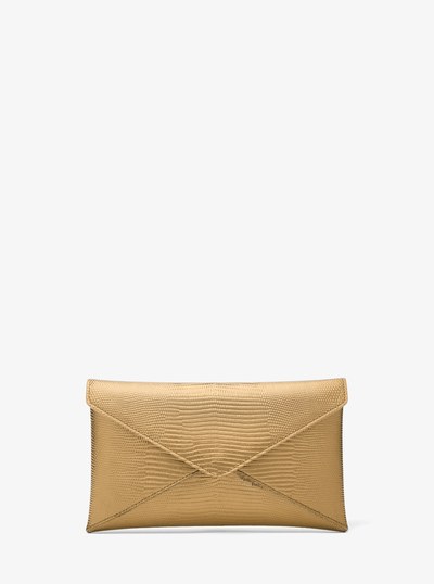 Mia Metallic Lizard Embossed Leather Envelope Clutch in GOLD | Michael Kors