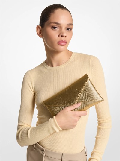 Mia Metallic Lizard Embossed Leather Envelope Clutch in GOLD | Michael Kors