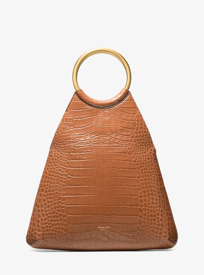 Ursula Large Crocodile Embossed Leather Ring Tote Bag in SADDLE | Michael Kors
