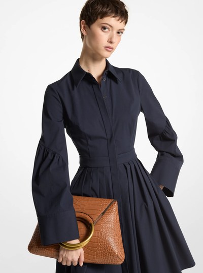 Ursula Large Crocodile Embossed Leather Ring Tote Bag in SADDLE | Michael Kors