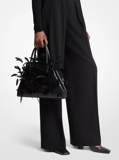 Sofia Large Hand-Embroidered Feather Leather Frame Satchel in BLACK | Michael Kors