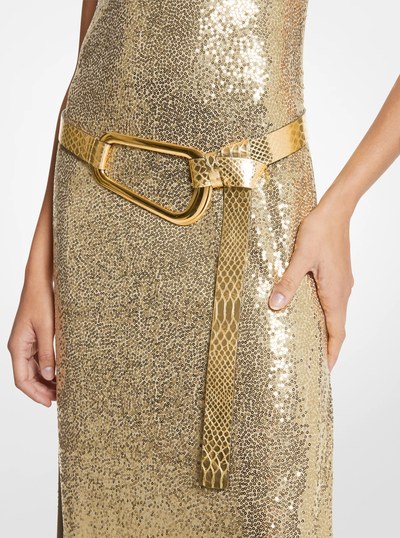 Angelina Metallic Python Embossed Leather Belt in GOLD | Michael Kors