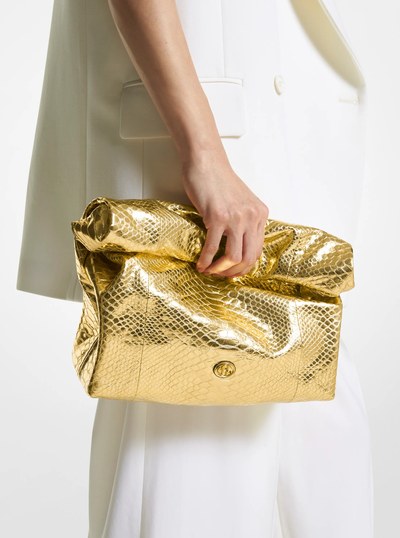 Monogramme Medium Metallic Python Embossed Leather Lunch Box Clutch in GOLD | Michael Kors