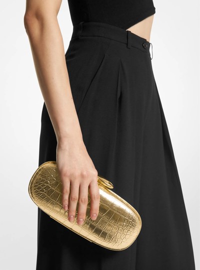 Tina Small Metallic Crocodile Embossed Leather Minaudie re in GOLD | Michael Kors