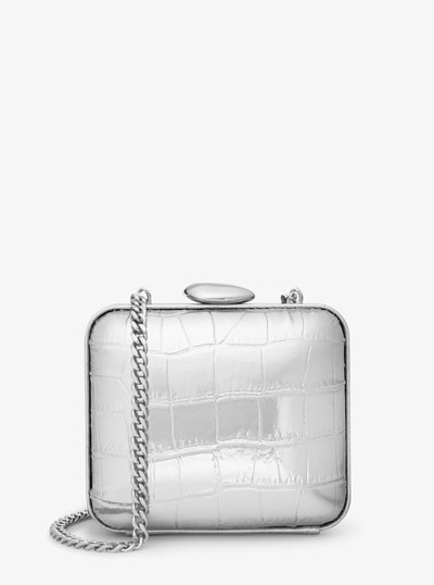 Tina Mini Metallic Python Embossed Leather Minaudie re in SILVER | Michael Kors