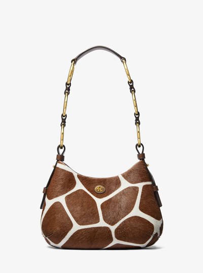 Mini Giraffe Print Calf Hair Hobo Shoulder Bag in NUTMEG/OPTIC WHITE | Michael Kors