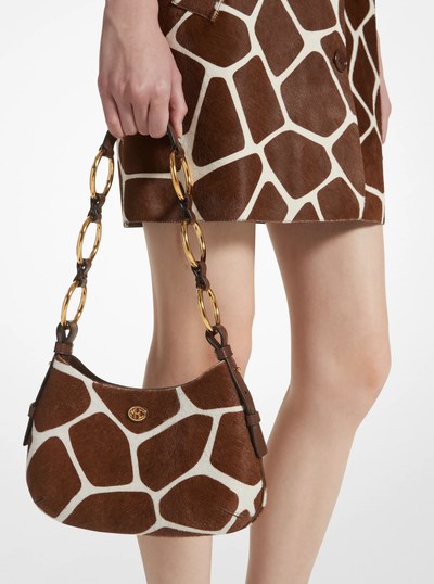 Mini Giraffe Print Calf Hair Hobo Shoulder Bag in NUTMEG/OPTIC WHITE | Michael Kors