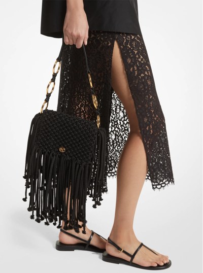 Marissa Medium Hand-Woven Macram&eacute; Shoulder Bag in BLACK | Michael Kors