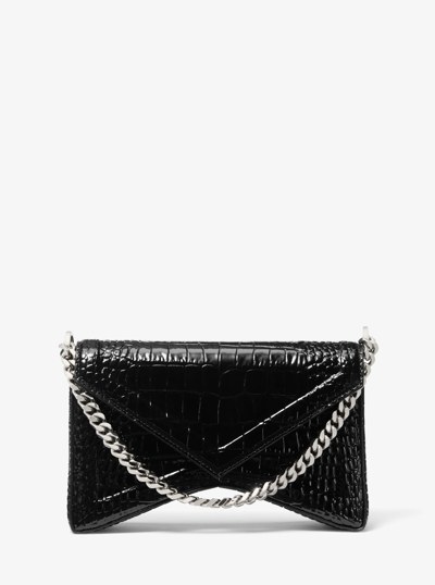 Manhatta Crocodile Embossed Patent Leather Shoulder Bag in BLACK | Michael Kors