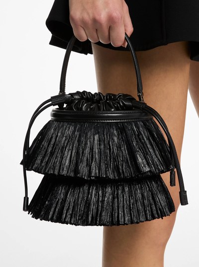Ischia Mini Leather and Fringe Bucket Bag in BLACK | Michael Kors