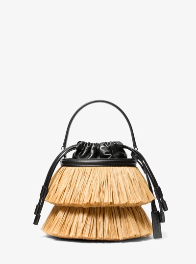 Ischia Mini Leather and Fringe Bucket Bag in NATURAL/BLACK | Michael Kors