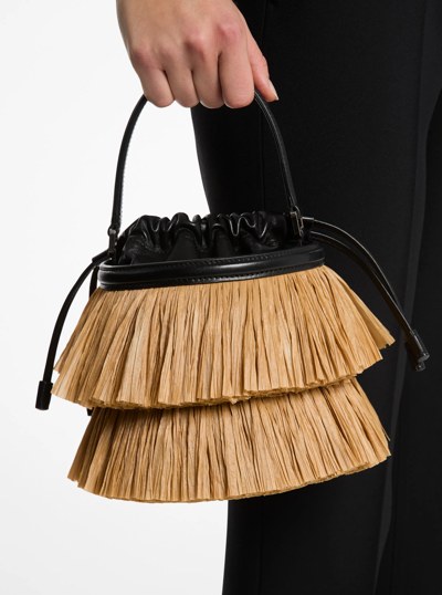 Ischia Mini Leather and Fringe Bucket Bag in NATURAL/BLACK | Michael Kors