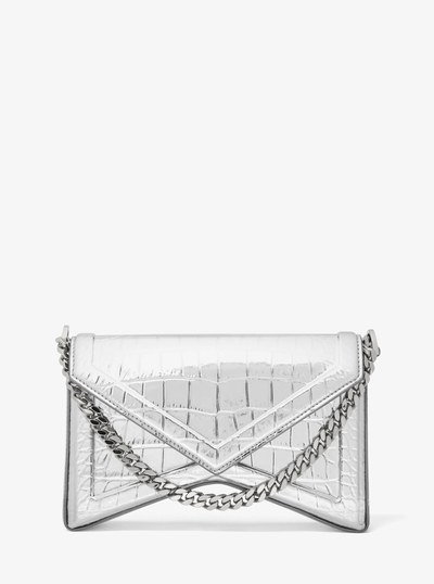 Manhatta Metallic Crocodile Embossed Leather Shoulder Bag in SILVER | Michael Kors