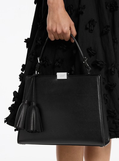 Simone Leather Tassel Satchel in BLACK | Michael Kors