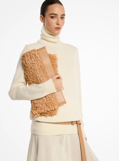 Sorrento Hand-Stitched Fringe and Leather Foldover Clutch in NATURAL/PEANUT | Michael Kors